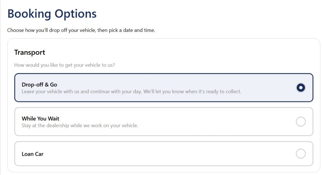 Online Service Booking Tool — drop-off options and appointment calendar