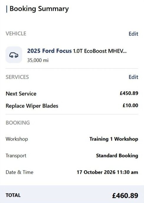 Online Service Booking Tool — booking summary and total