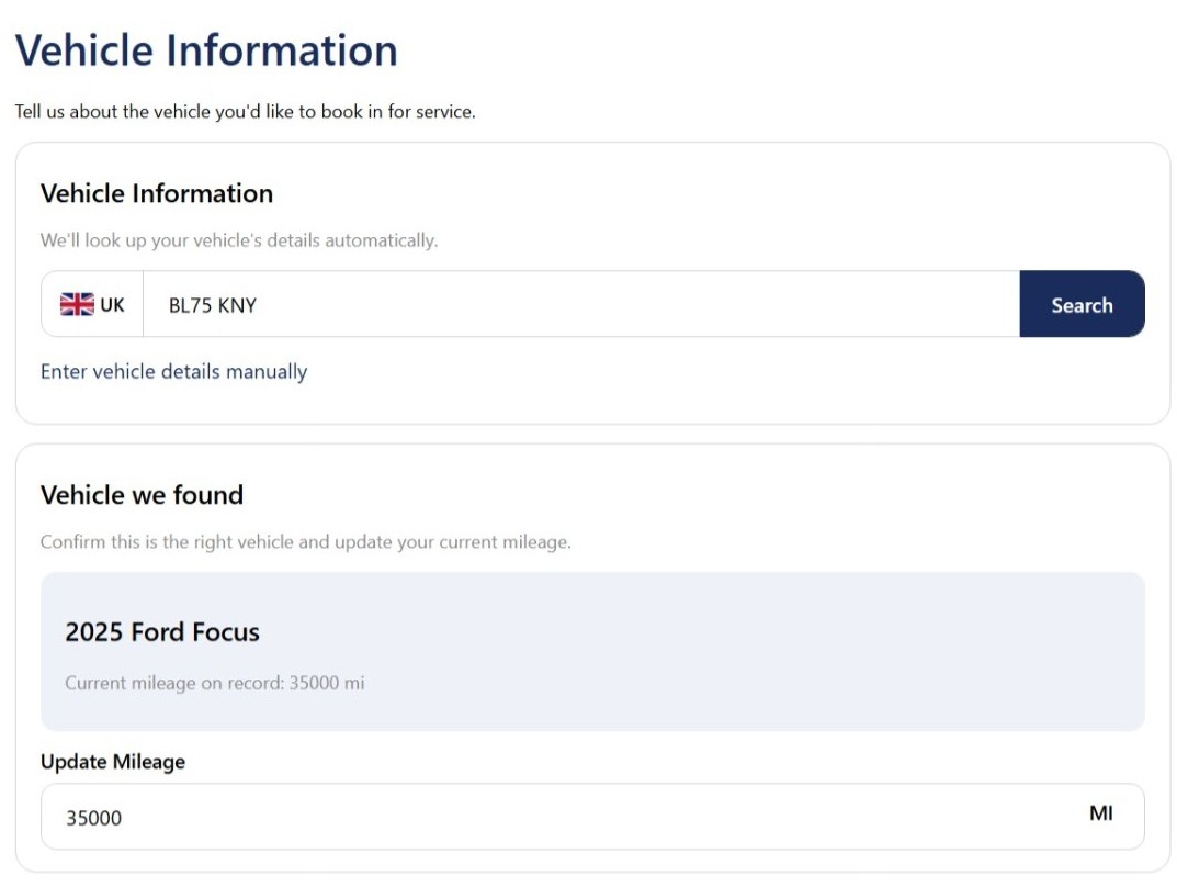 Online Service Booking Tool — vehicle found and confirmed